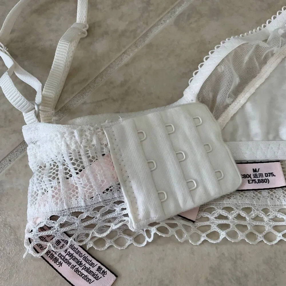 Victoria's Secret White Lace Swiss Dot Mesh Bralette Bra sz M No Wire No Padding